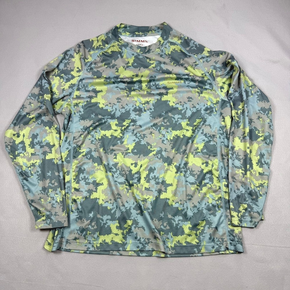 Simms SolarFlex COR3 Digital Camo Fishing Shirt Mens XL Long Sleeve Green Blue